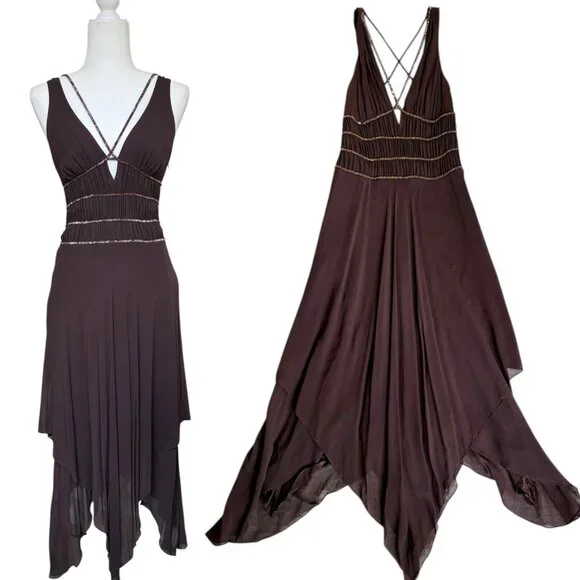 Y2K BCBGMAXAZRIA Brown Asymmetrical Fairy Dress Breaded, Size 4, 100% Silk - Picture 3 of 11